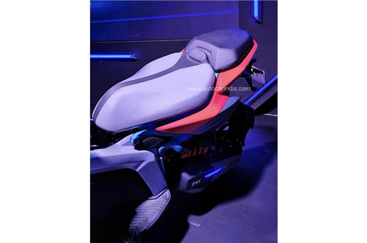 Spilt seats on the new TVS X, with the rider's perch set 770mm off the ground.